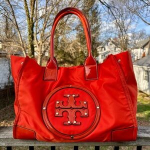 Tory Burch Ella Orangish Red Nylon Tote Patent Leather Trim